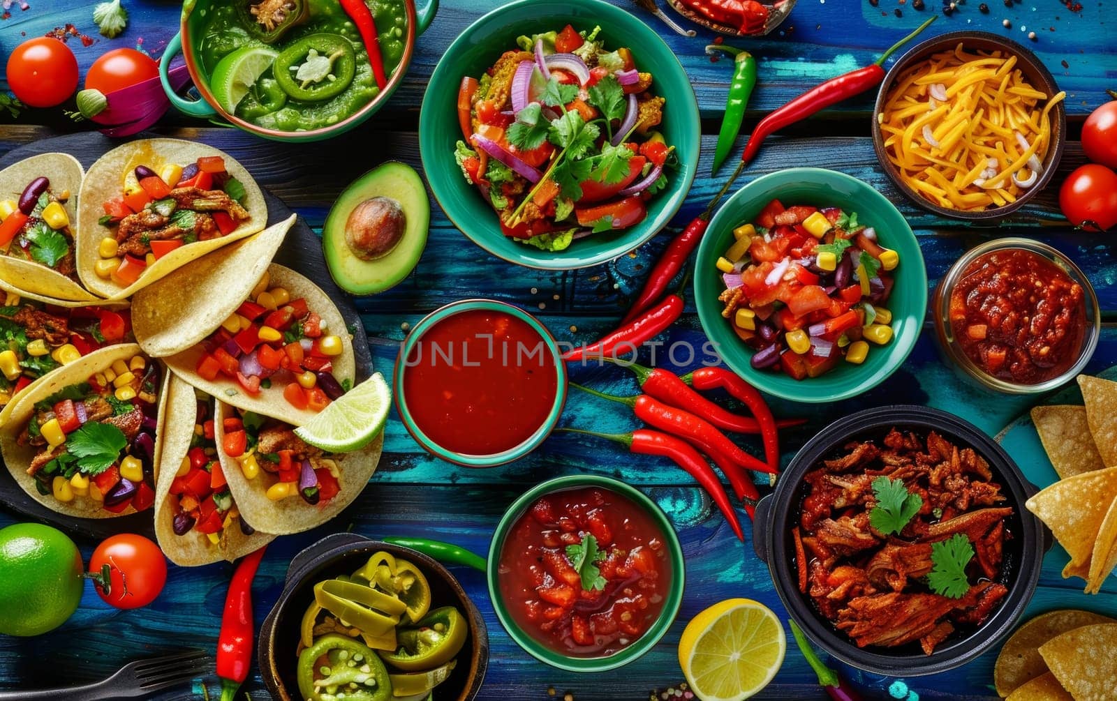 A vibrant spread of various Mexican dishes, including tacos, salsa, guacamole, beans, peppers, and other colorful ingredients, creating an appetizing and authentic culinary display