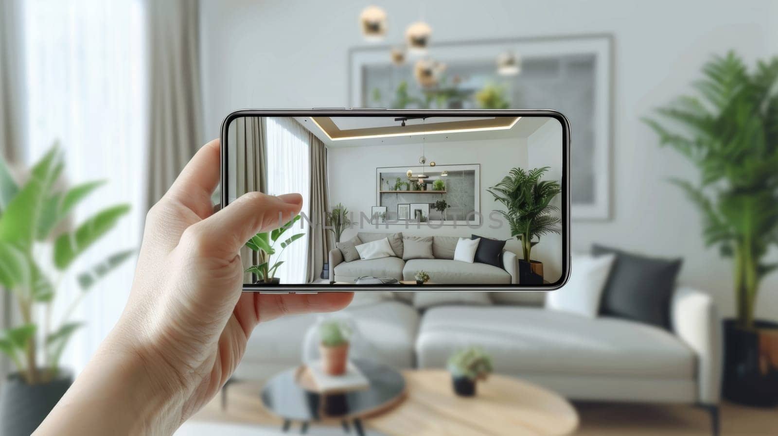 A hand holding a smartphone captures the interior design of a modern, cozy living room with a comfortable sofa, lush plants, and minimalist decor elements