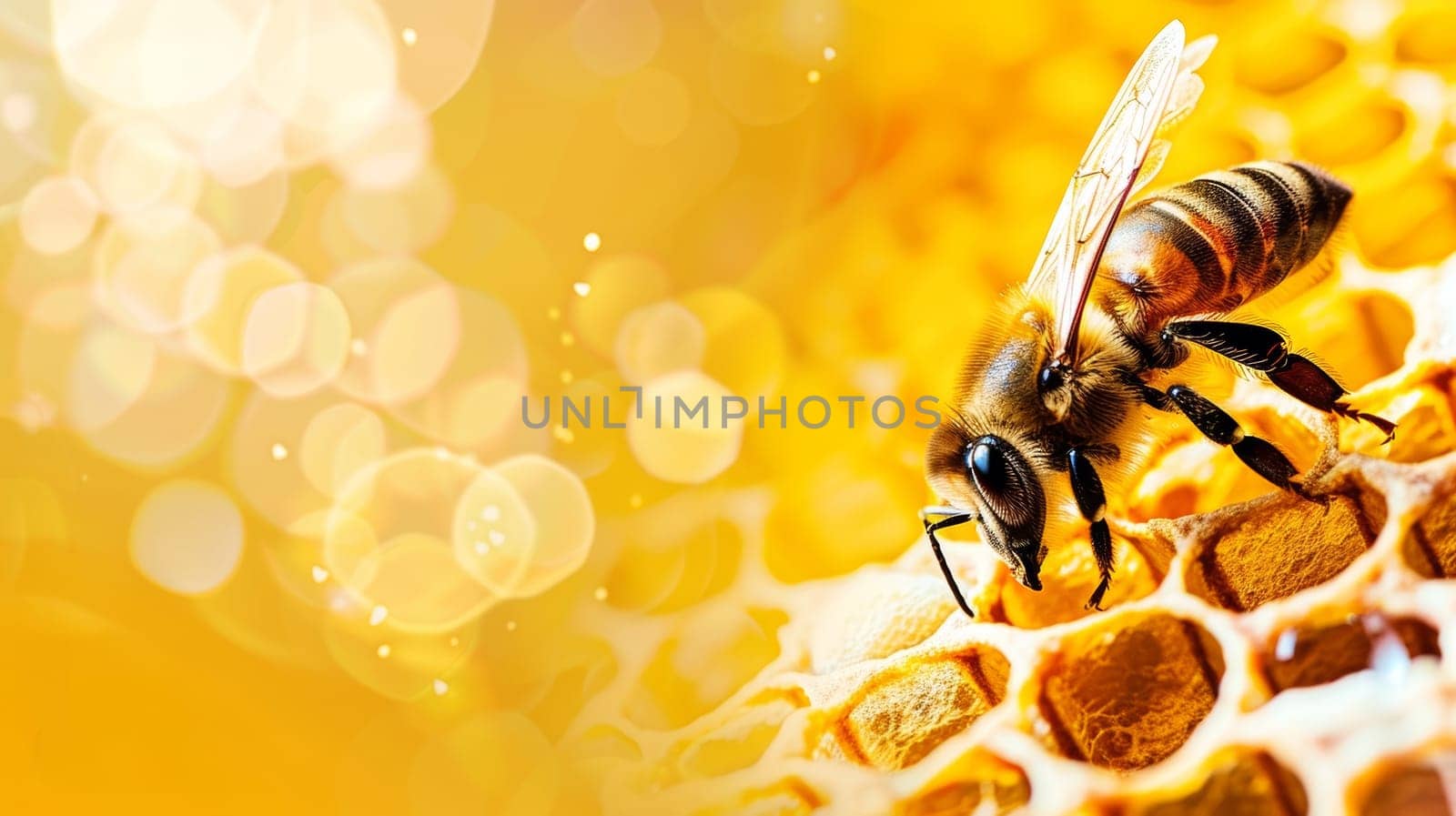 A detailed view of a bee collecting nectar on a honeycomb inside a beehive.