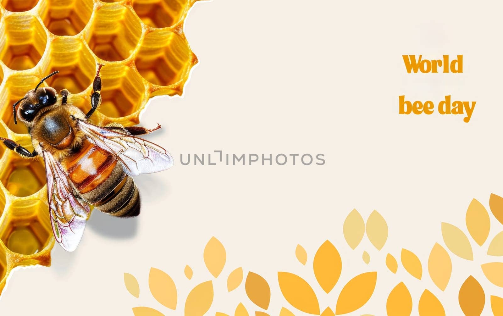 A bee perched on a honeycomb, surrounded by hexagonal cells filled with golden honey.