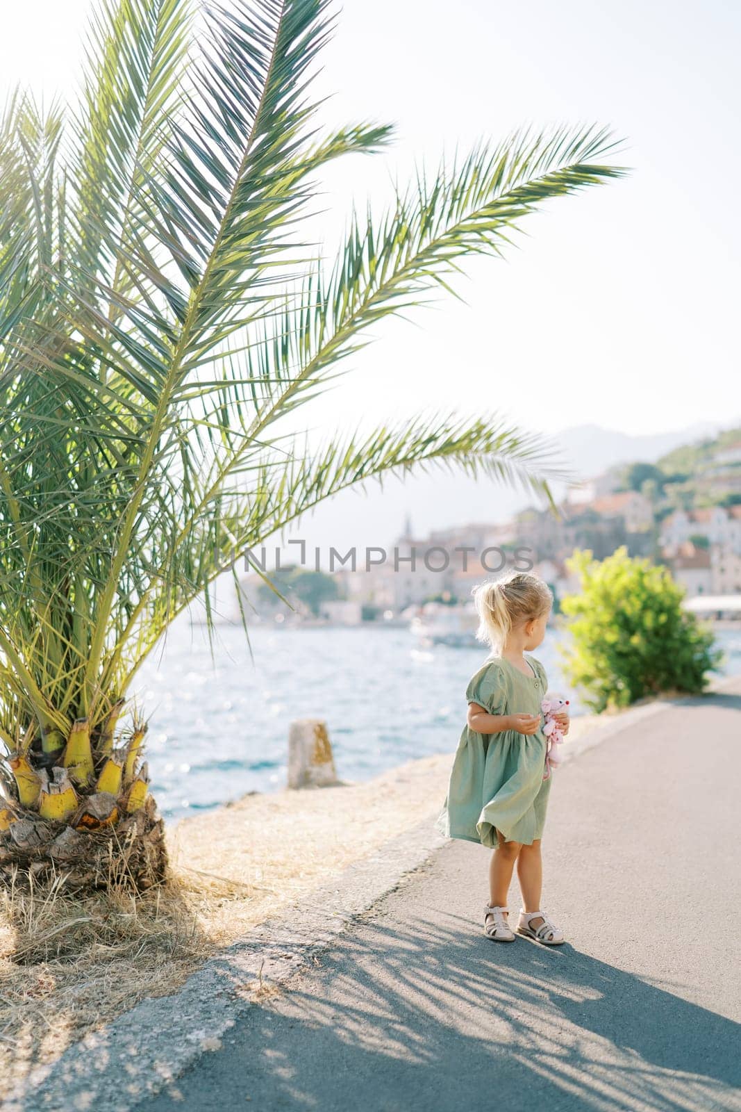 Little girl with a soft toy stands on the seashore near a palm tree and looks back. High quality photo