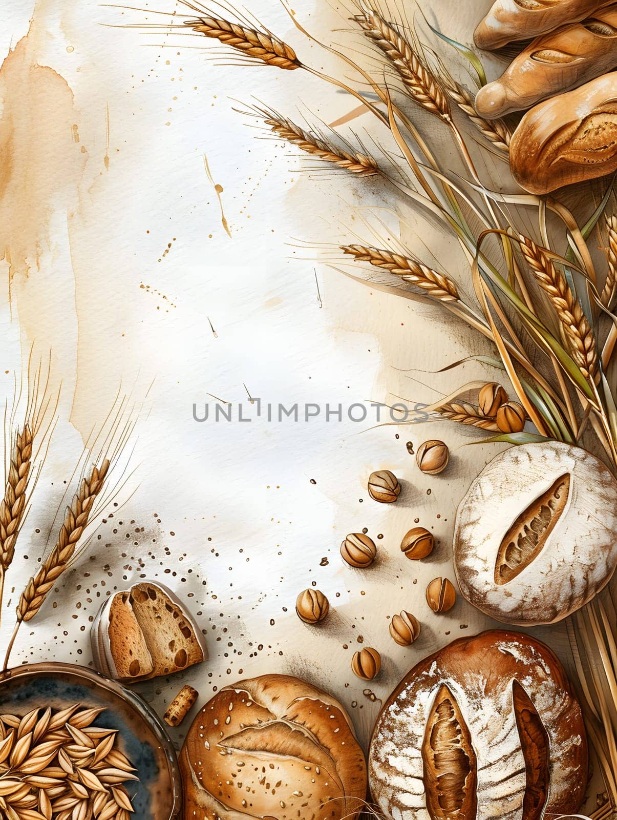 A variety of bread made from wheat is displayed on the table, showcasing different types and grains from the grass family