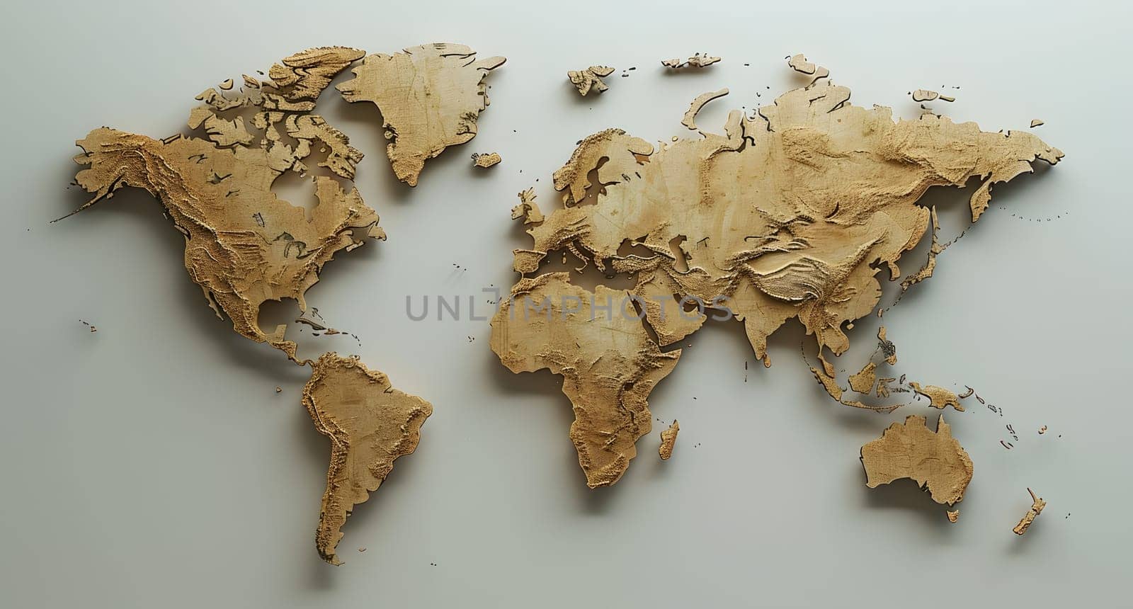 A wooden map of the world is displayed on a white surface by Nadtochiy
