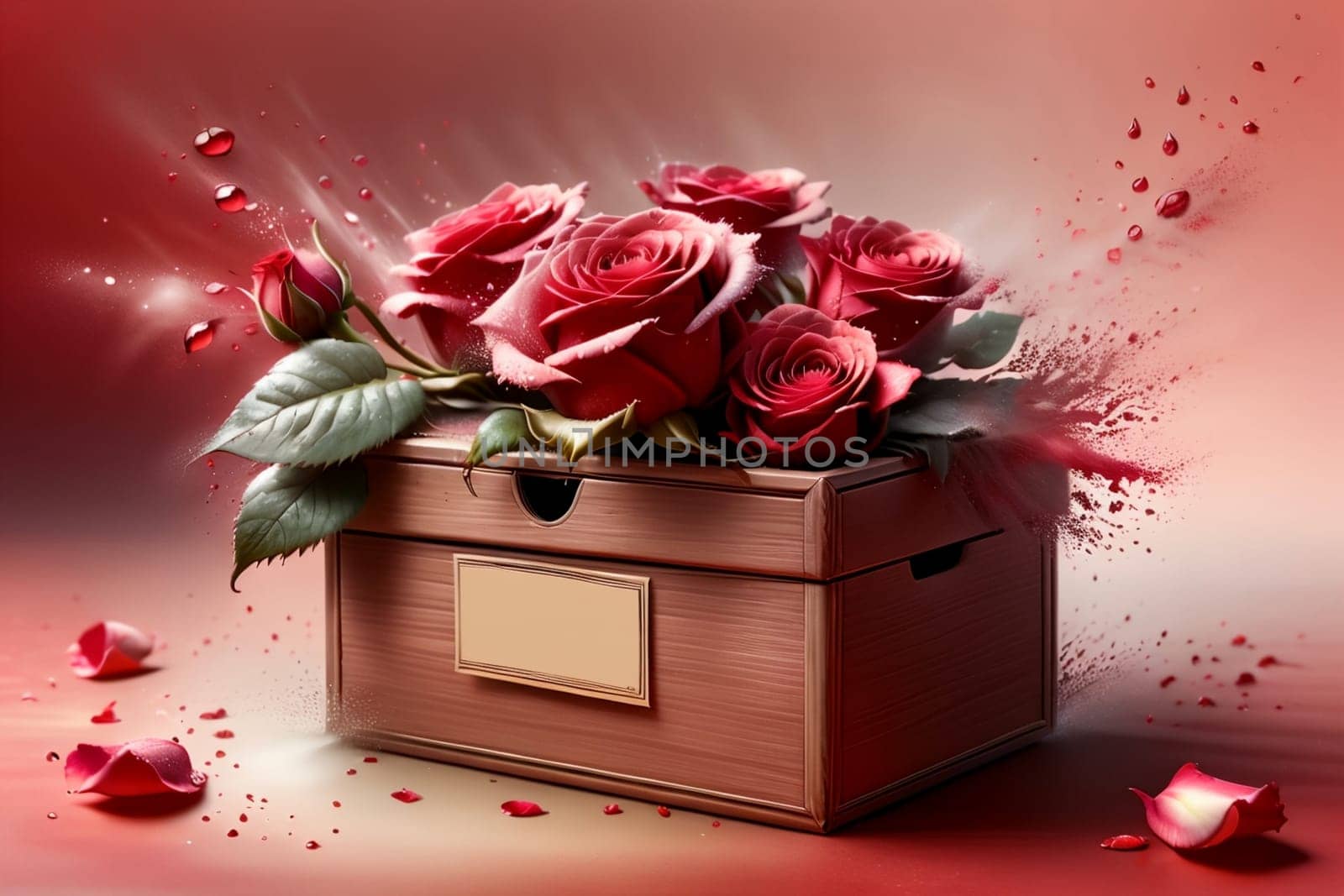 box with beautiful red roses .