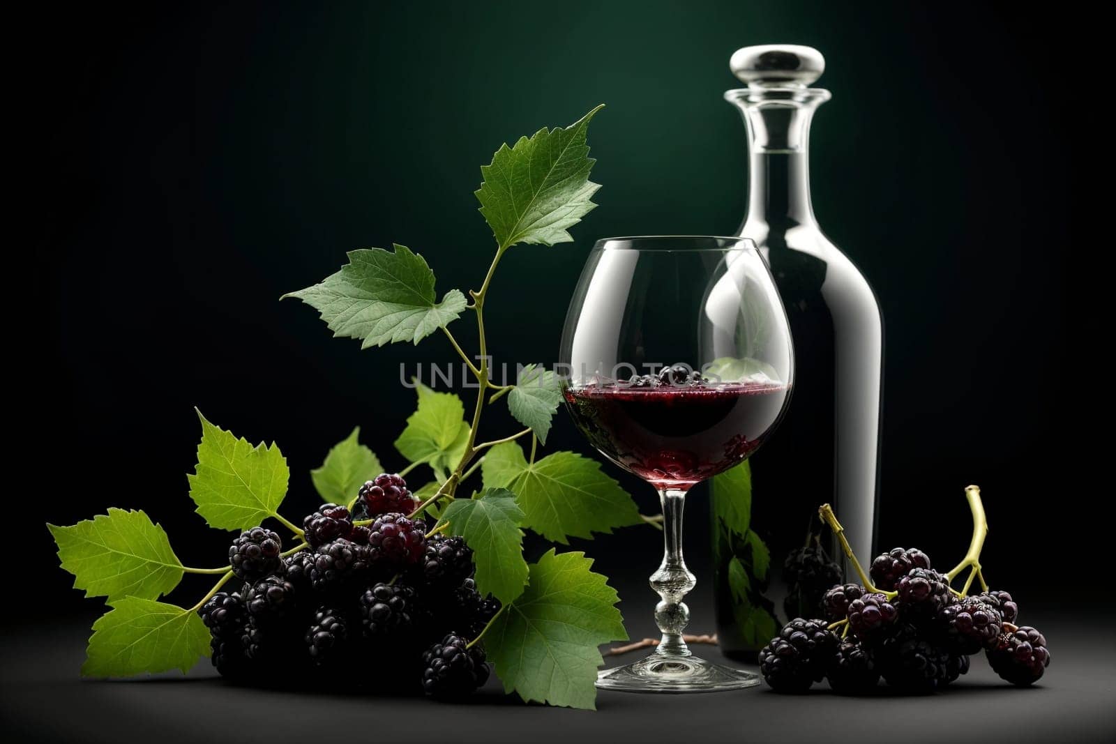 mulberry liqueur, wine in a glass isolated on a green background .