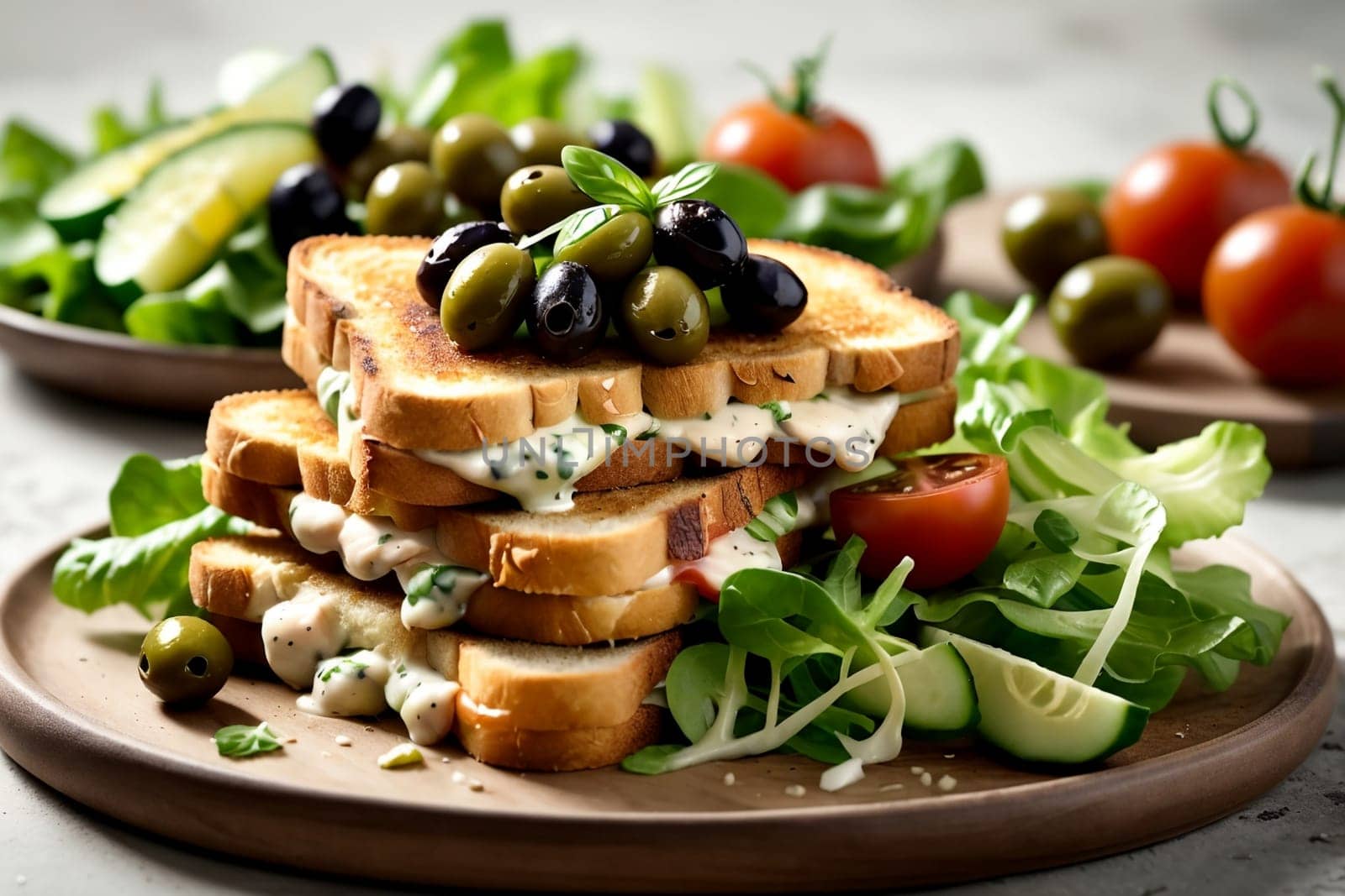 fried toast with lettuce, cucumbers, chicken and other vegetables .