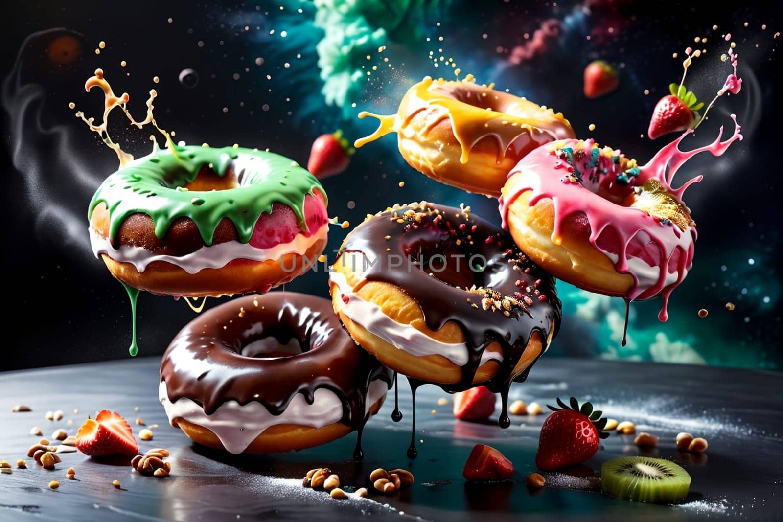 donuts in multi-colored glaze with berries on a black background .