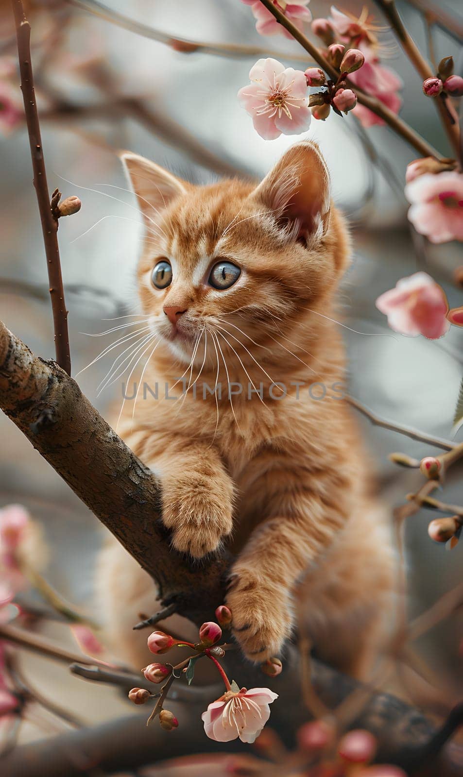 Felidae cat perched on tree branch with pink flowers, whiskers twitching by Nadtochiy