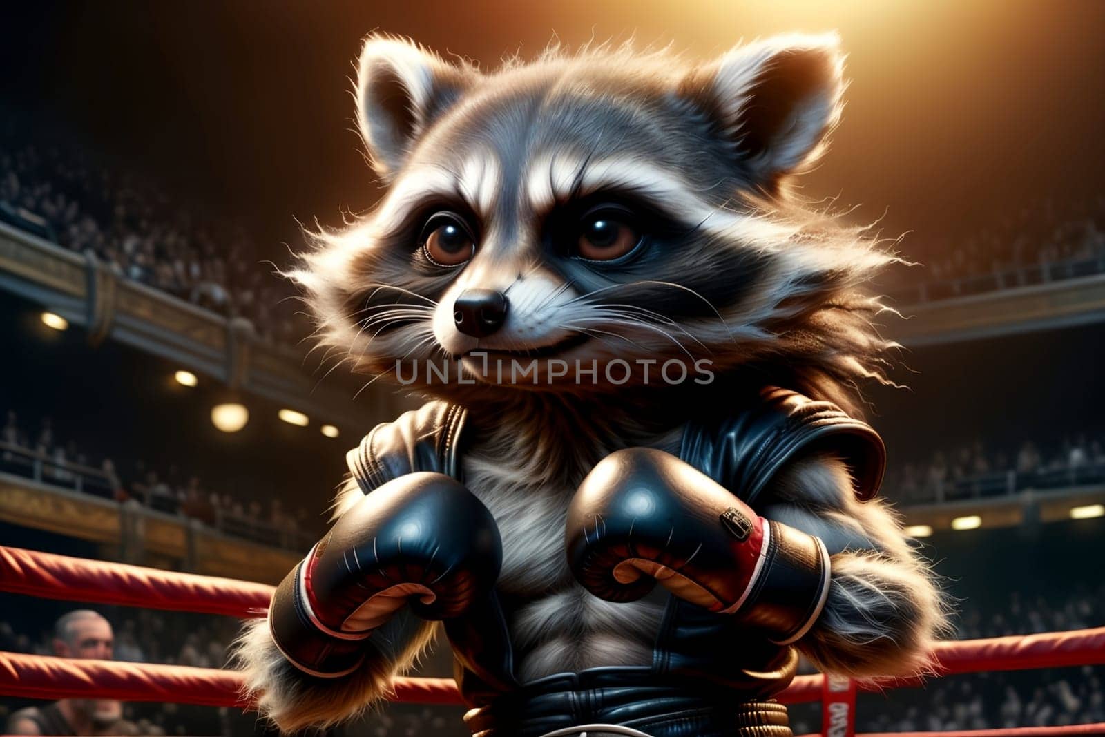 cute raccoon in the ring wearing boxing gloves, boxer athlete .