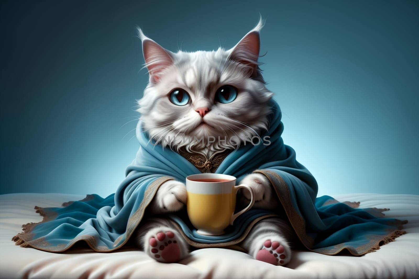 the cat lies in bed under a blanket and drinks hot tea .