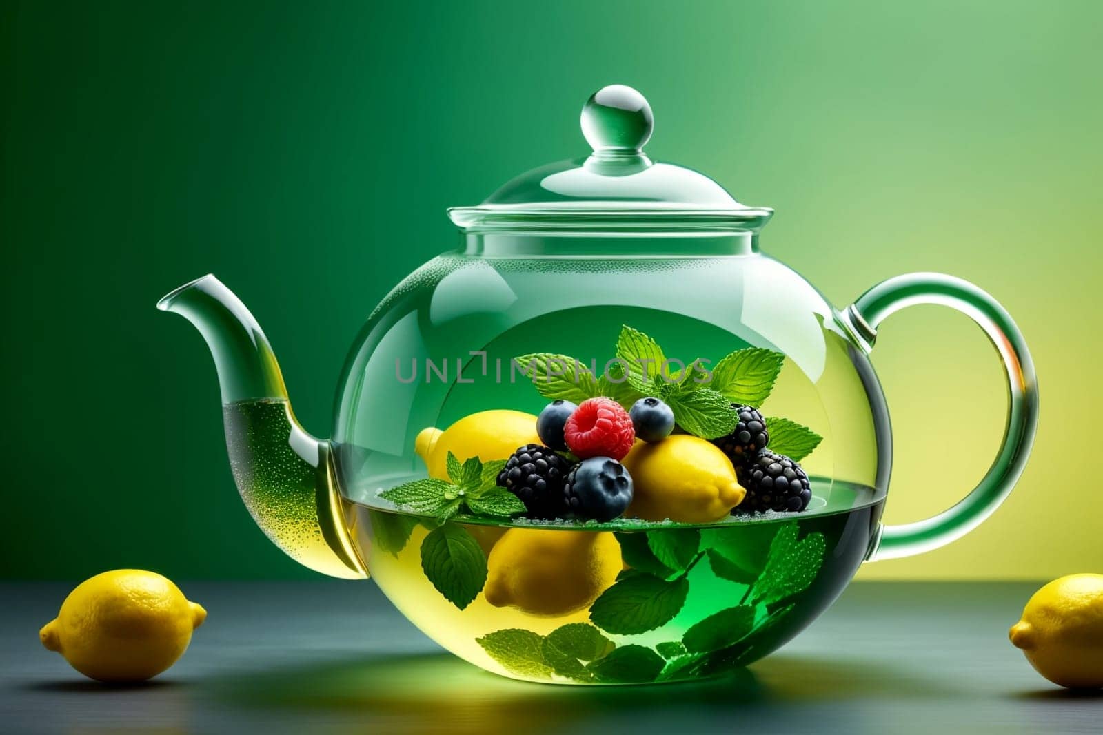 fruit tea with berries and lemon in a glass teapot on a green background .