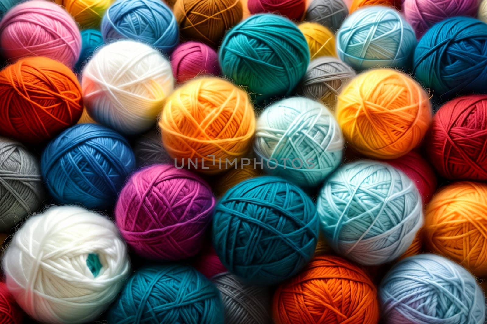 fluffy multi-colored balls of wool for knitting .