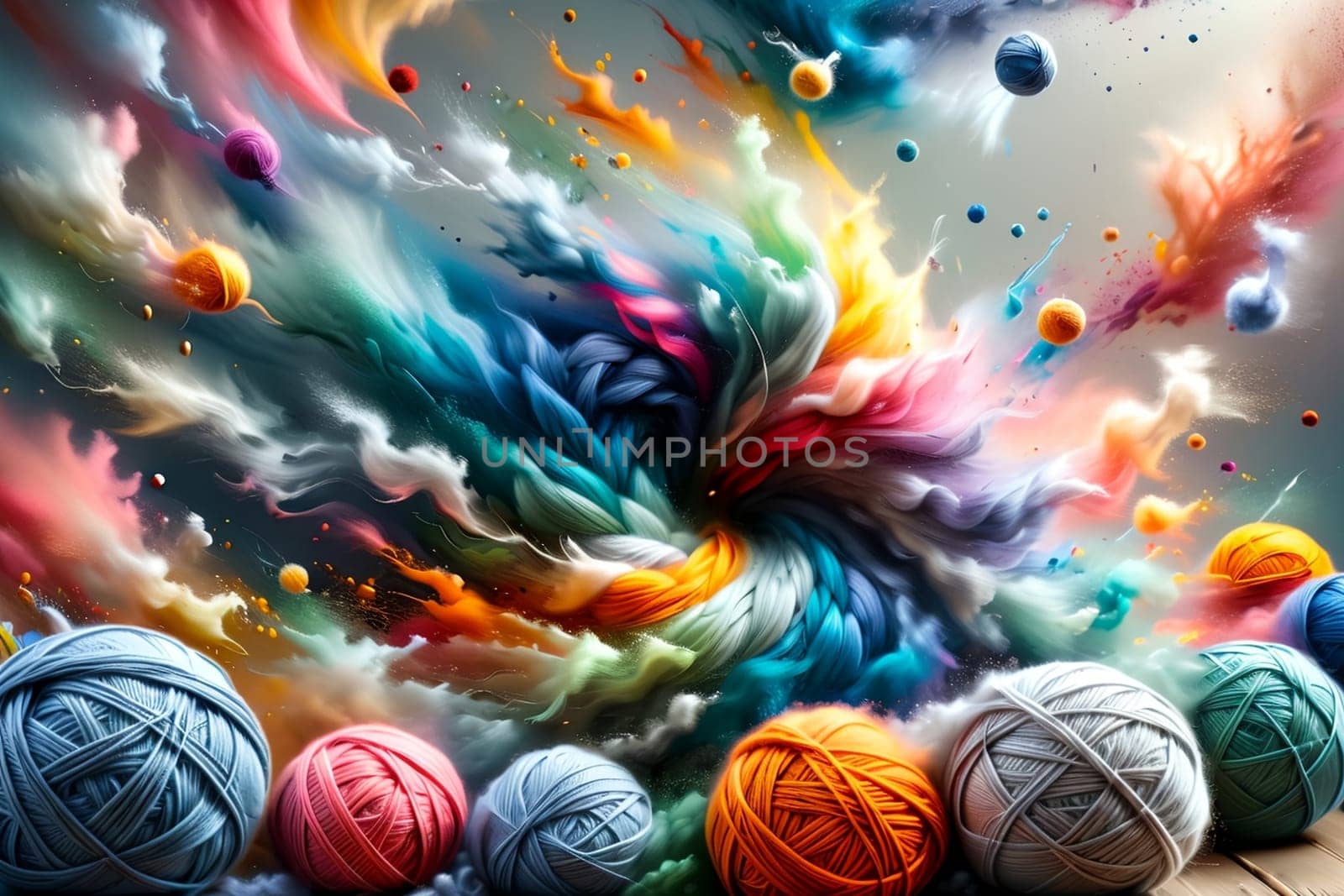 fluffy multi-colored balls of wool for knitting .