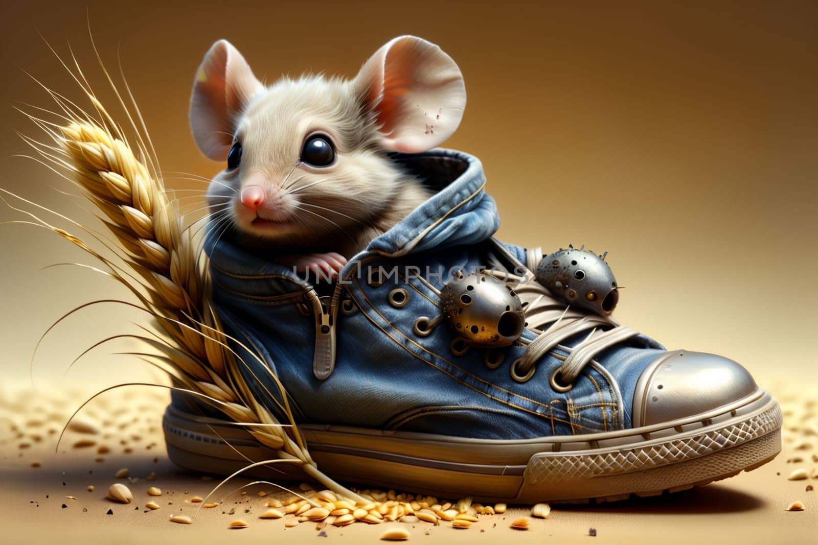 cute mouse in an old shoe among the ears of wheat .