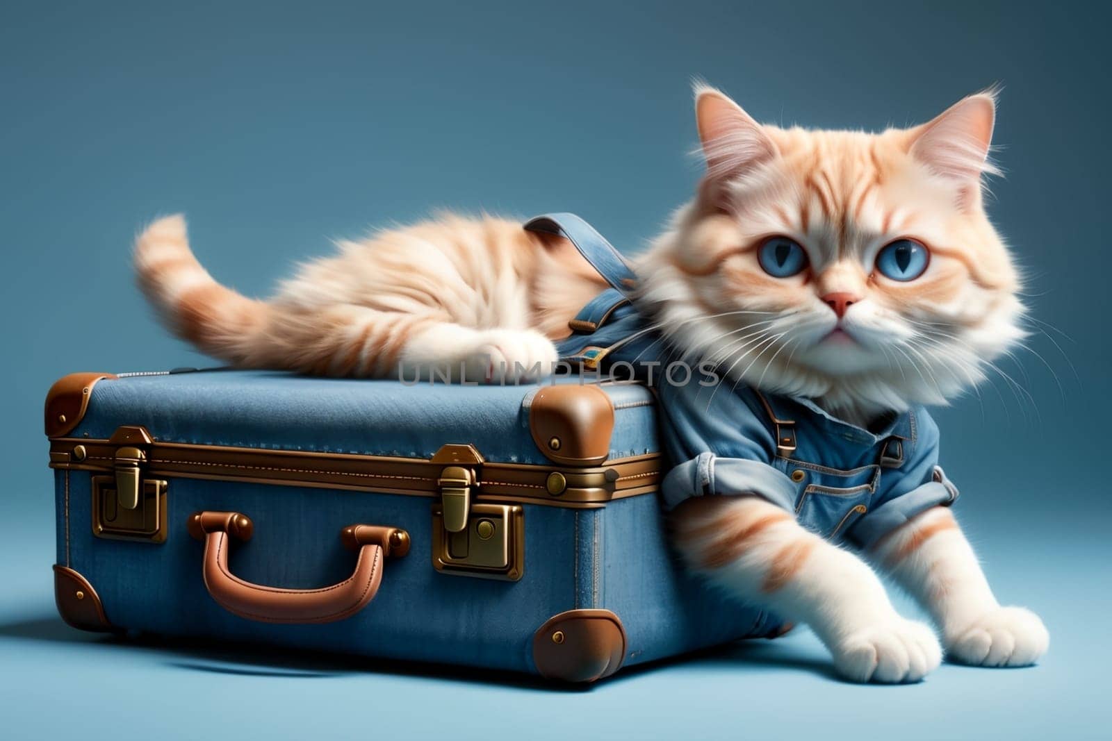 cat with a suitcase, isolated on a blue background, art by Rawlik