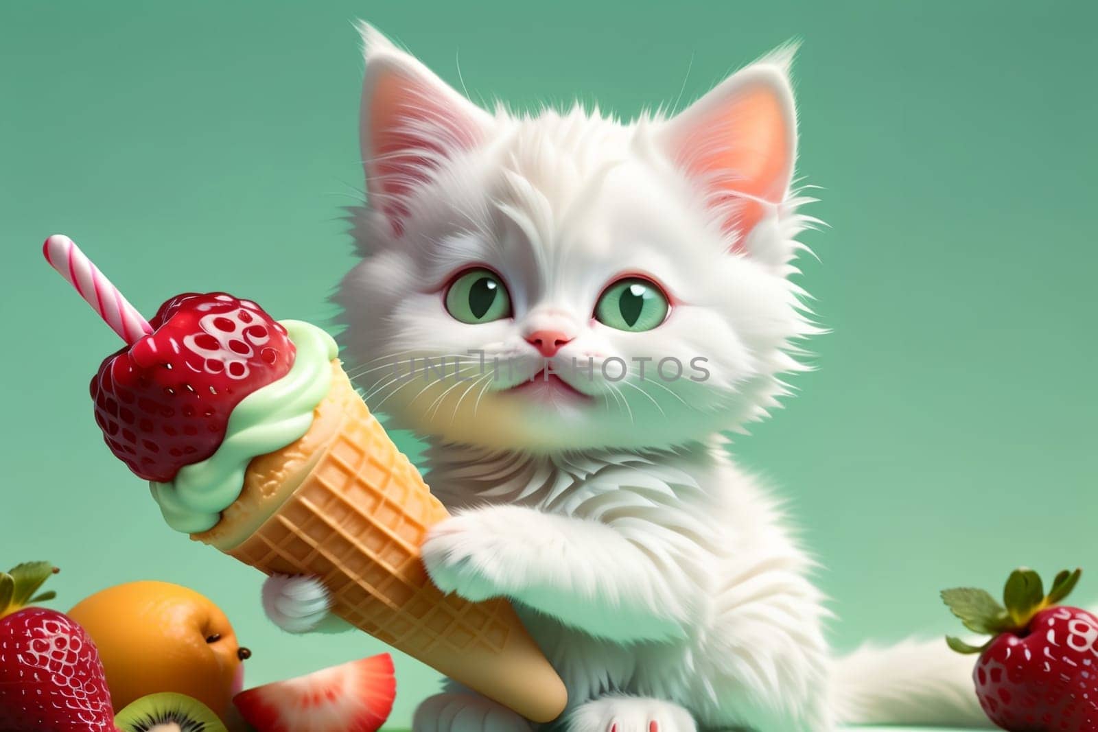 Cute cute kitten with cool tasty ice cream, isolated on light green background .