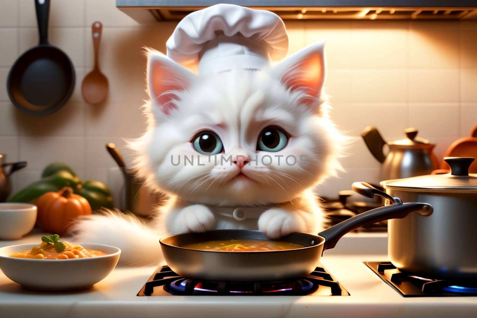 cat cook cooks soup in the kitchen .