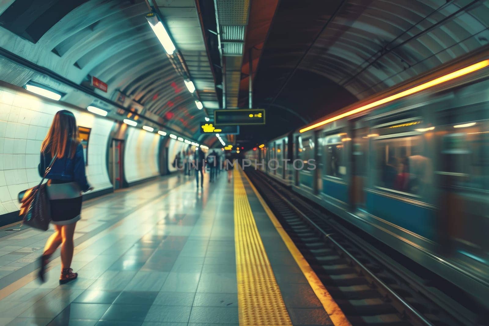 Metro station with blurred traffic and crowd, Modern subway station with people.