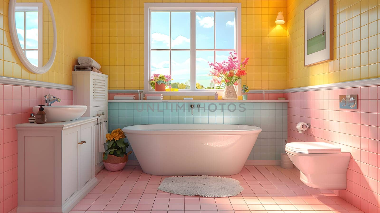 A bathroom with pink tiles, yellow walls, a tub, a sink, and a toilet. The window lets in natural light, complementing the azure and purple accents in the interior design