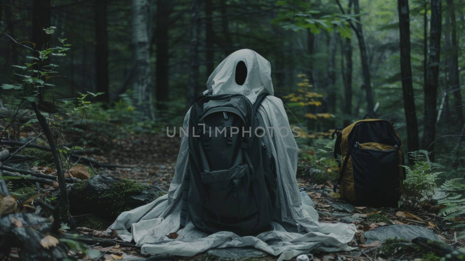 A person sitting in the woods with a backpack and hood