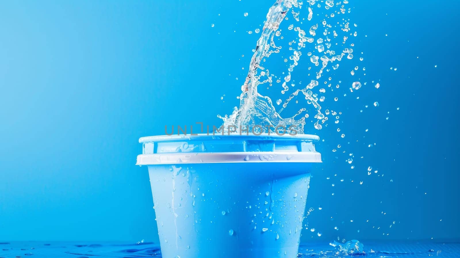 A blue bucket with water pouring out of it and a cat
