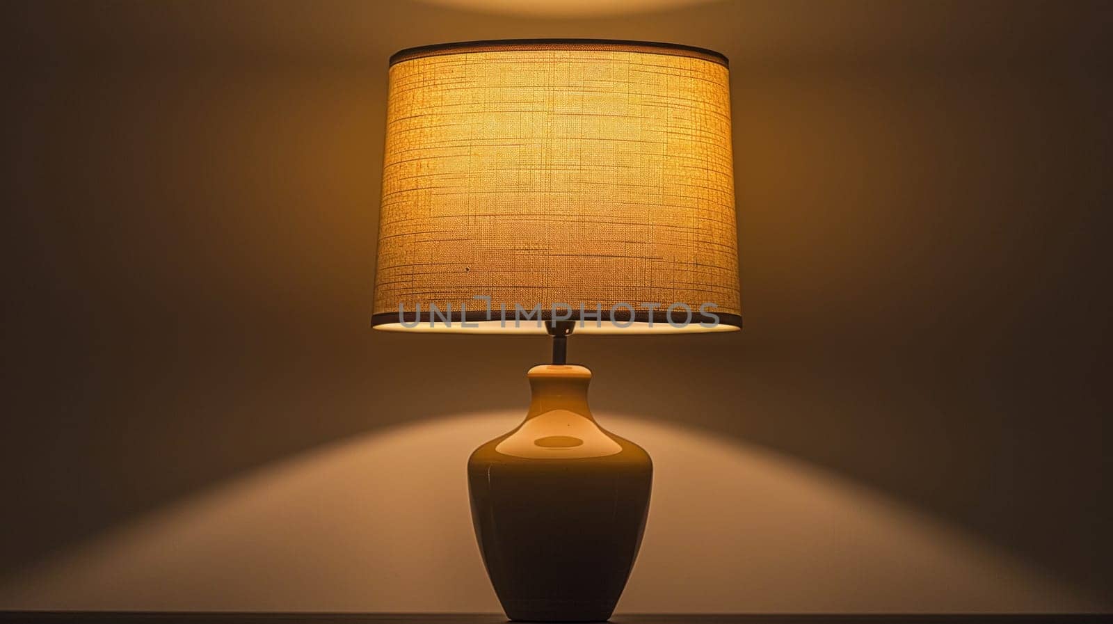 A lamp with a large shade on it sitting in the dark