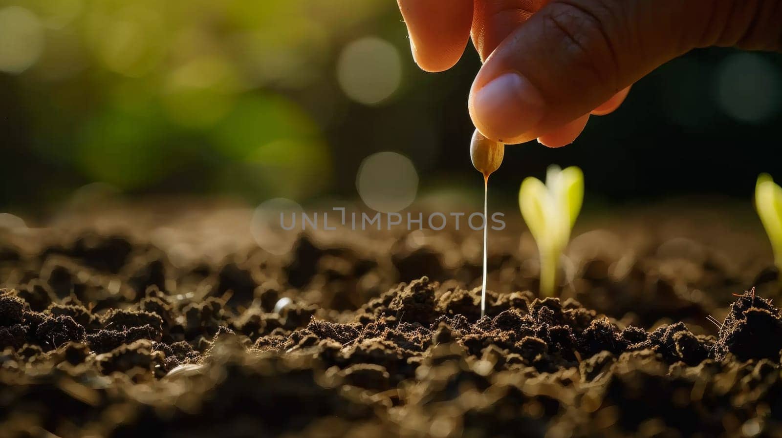 A person is holding a seedling in the dirt with their finger