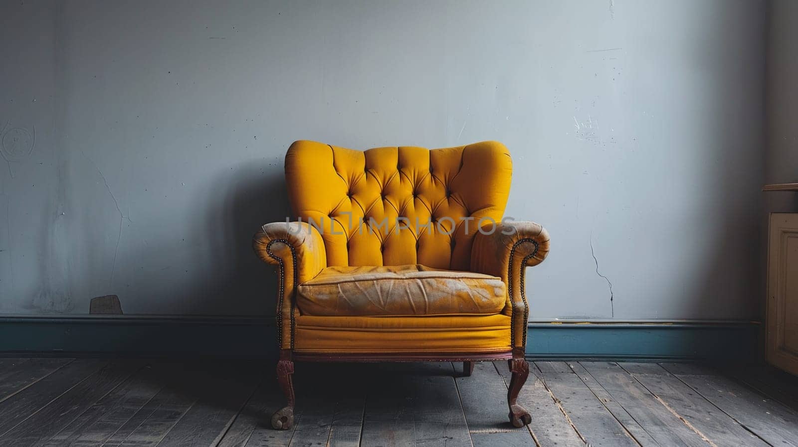 A yellow chair sitting in a room with wood floors
