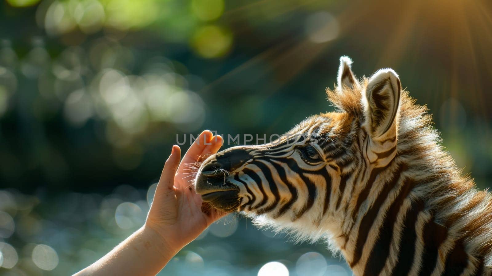 A person feeding a zebra with their hand in front of it