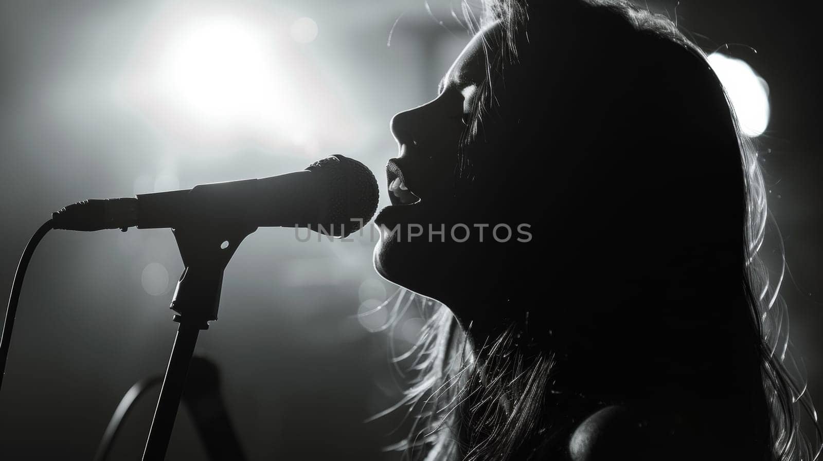 A woman singing into a microphone in the dark