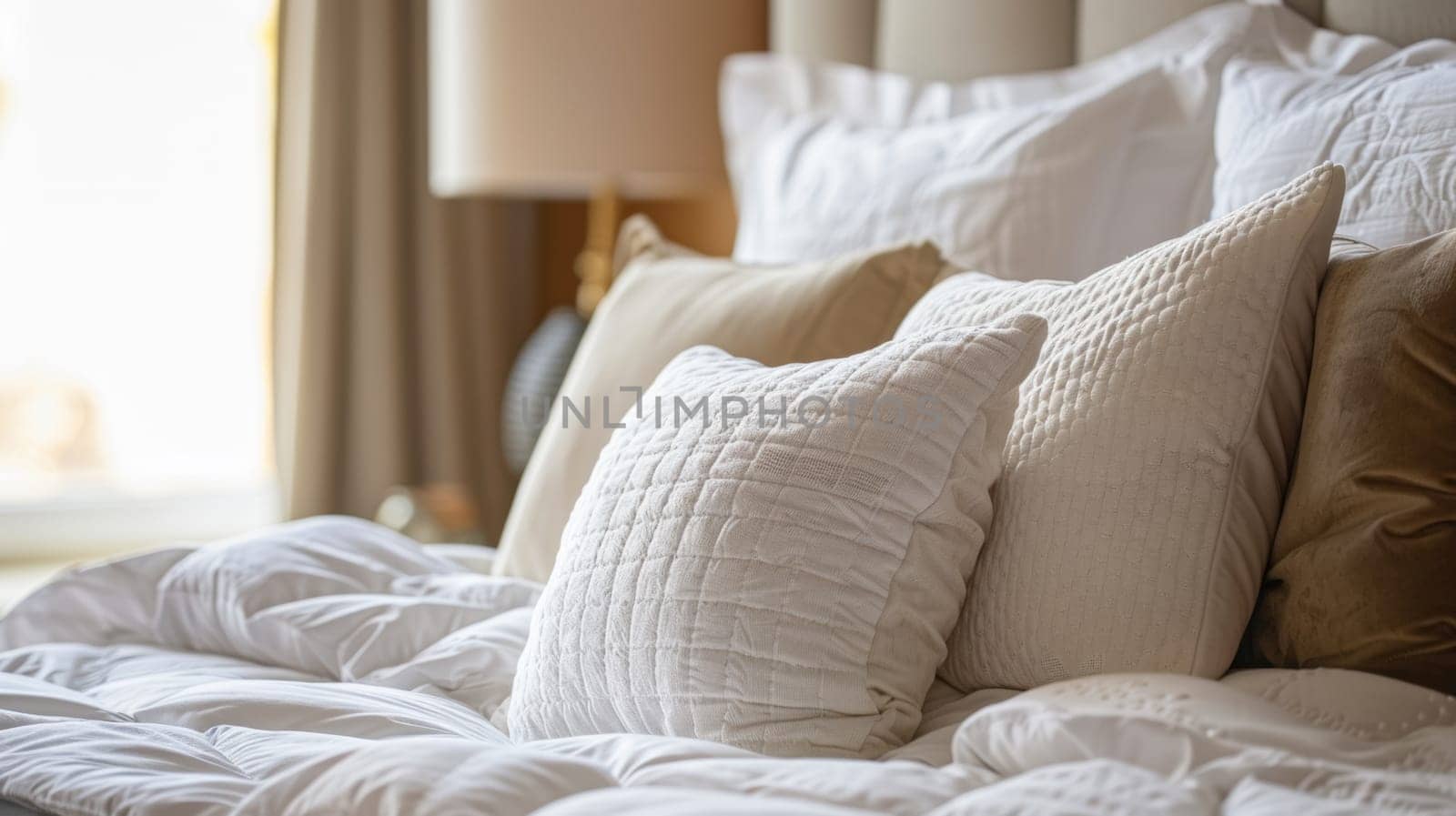 A bed with a lot of pillows and blankets on it