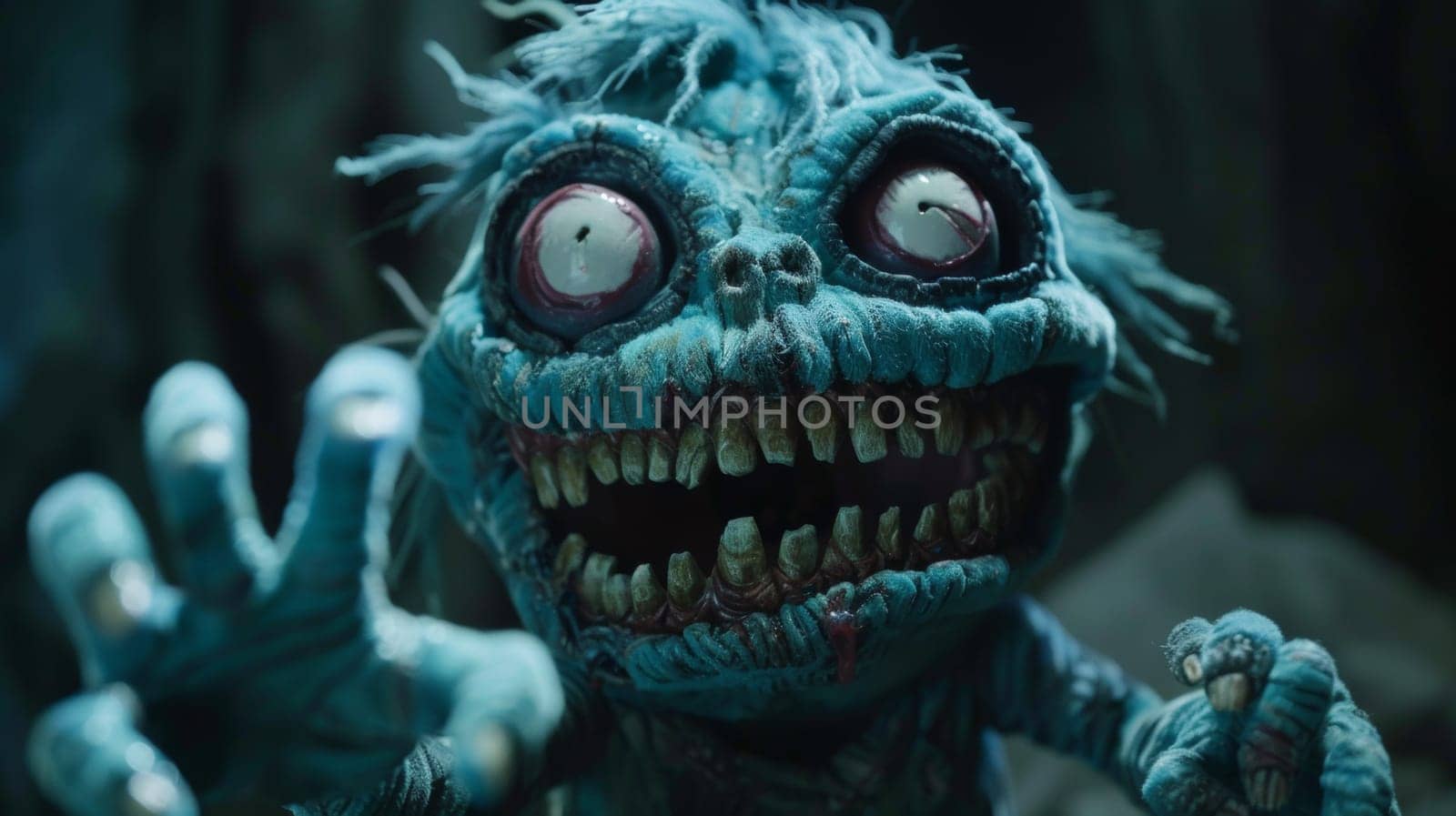 A creepy blue monster with big eyes and a mouth full of teeth