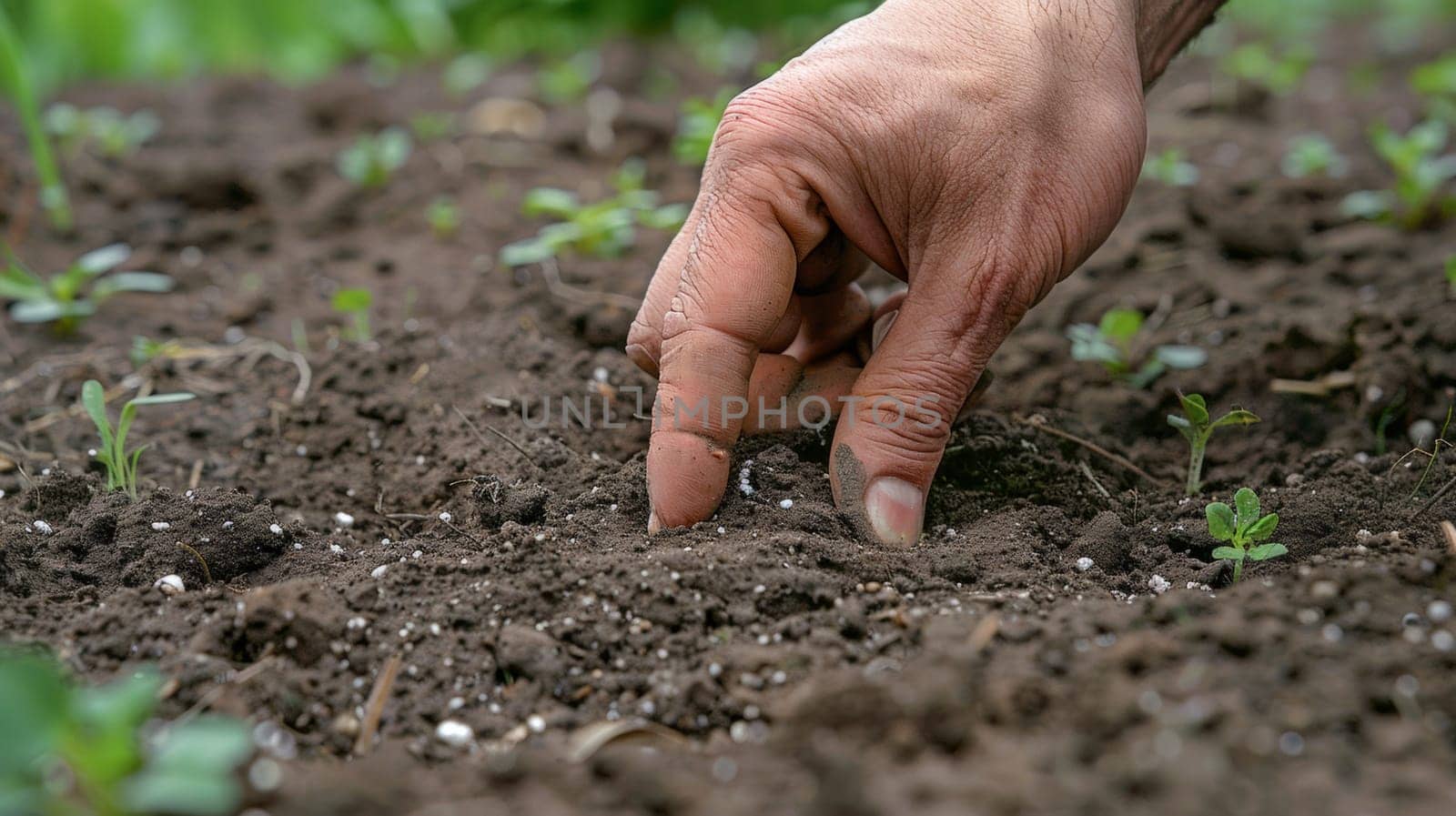 A person is touching a plant in the dirt with their finger