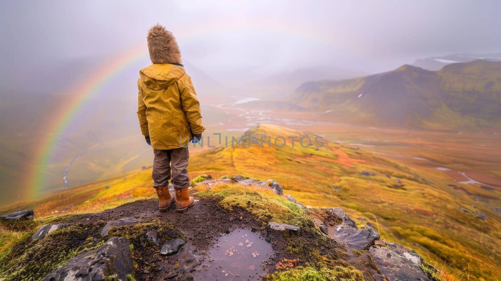 A person standing on a mountain top looking at the rainbow