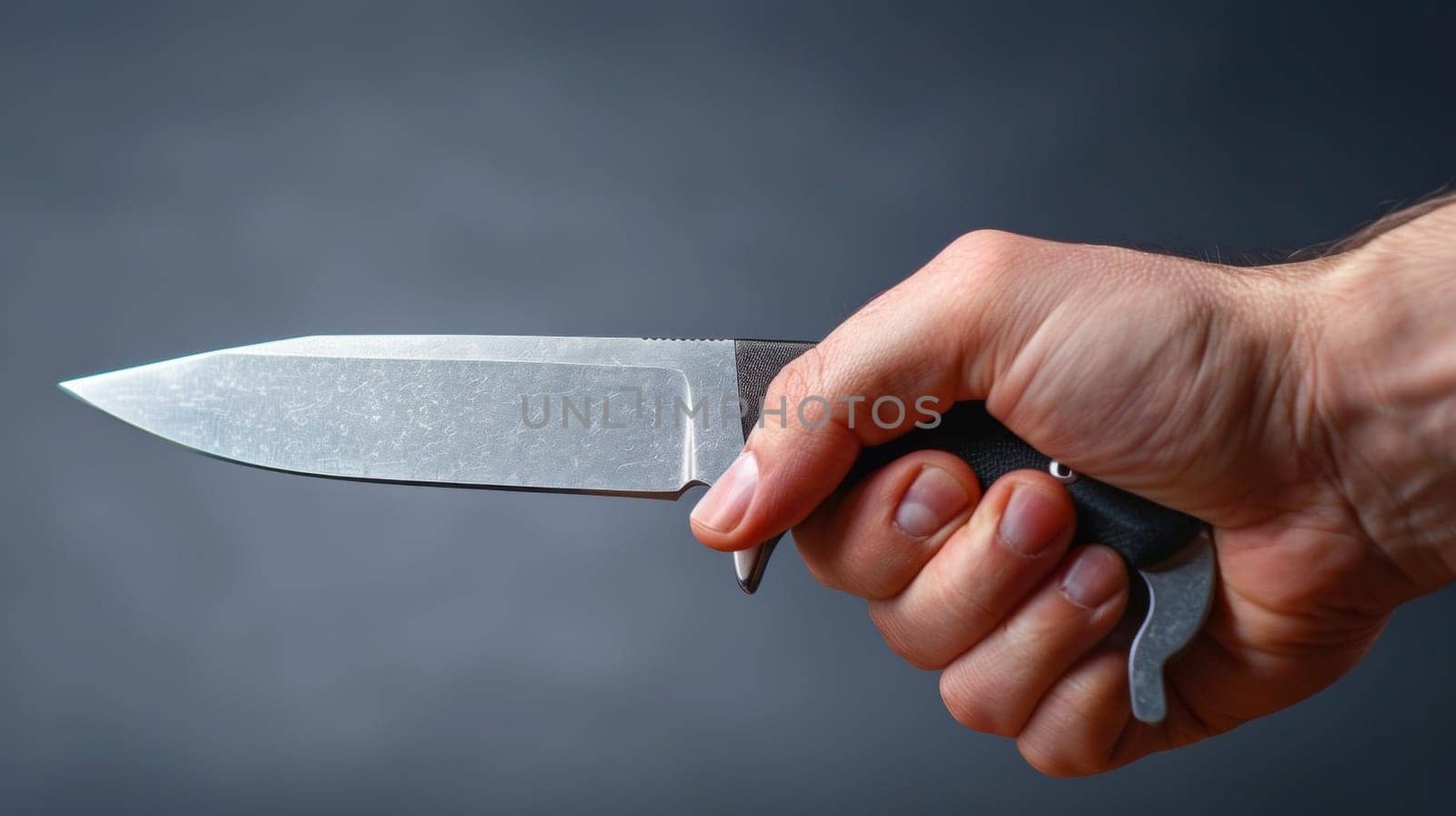 A man holding a knife in his hand with the blade facing out
