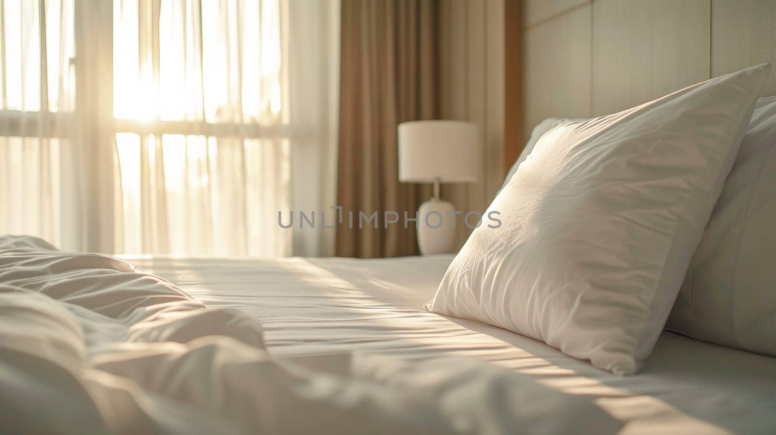 A bed with white sheets and pillows in a room
