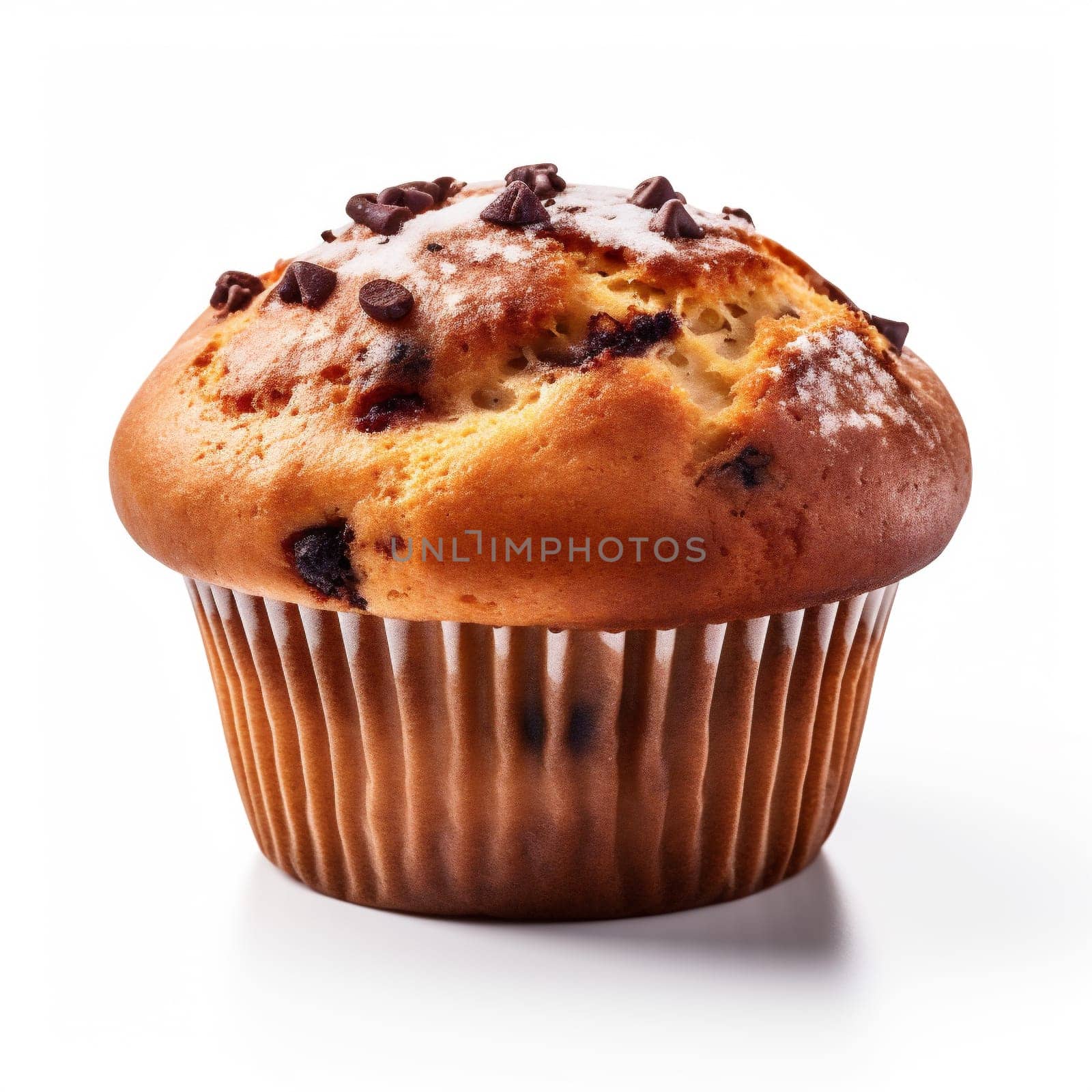 Fresh Baked Single Muffin Isolated on White Background. Muffin with Chocolate Chip in a Paper Muffin Cup.