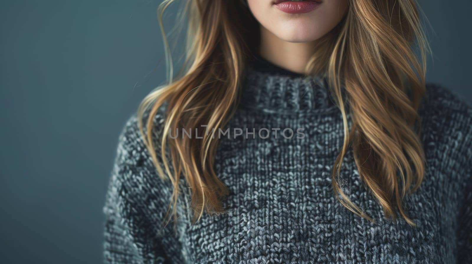 A woman with long blonde hair wearing a sweater