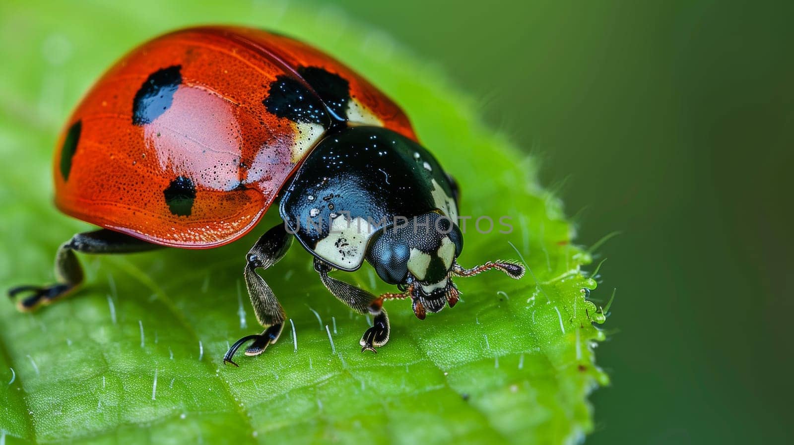 A ladybug sitting on a leaf with its legs spread out