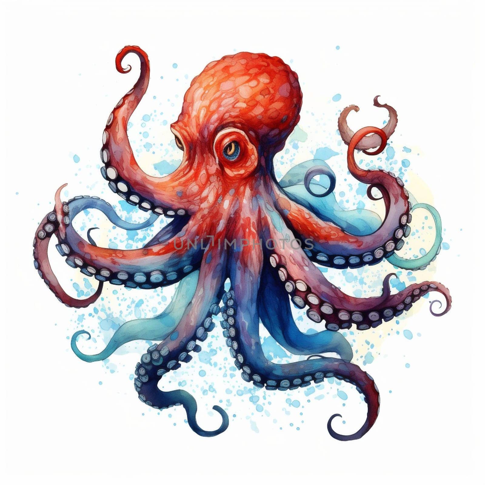 Giant pacific octopus. Watercolor ocean creature illustration isolated on a white background. by Rina_Dozornaya