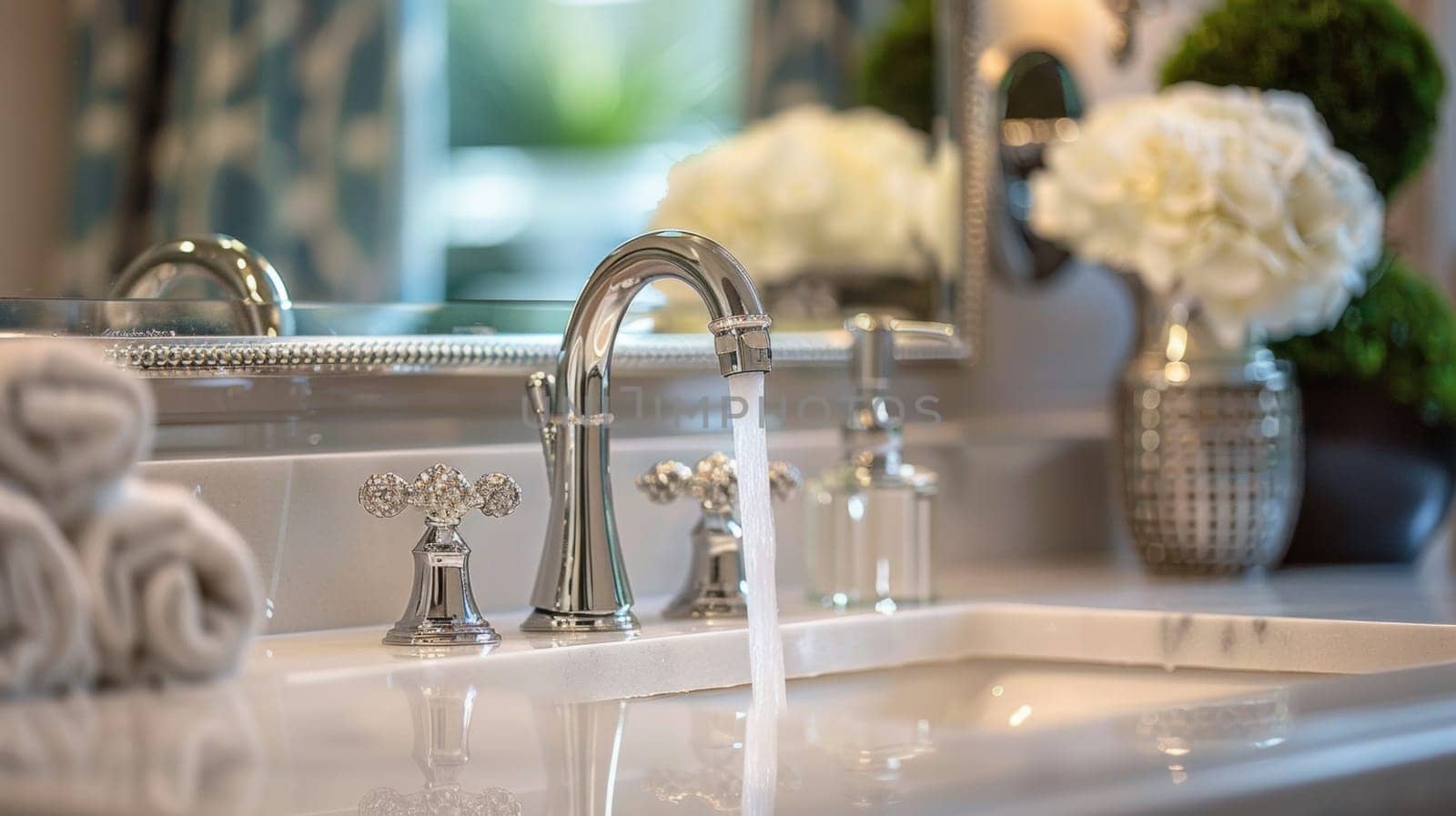 A bathroom sink with a faucet and mirror in the background