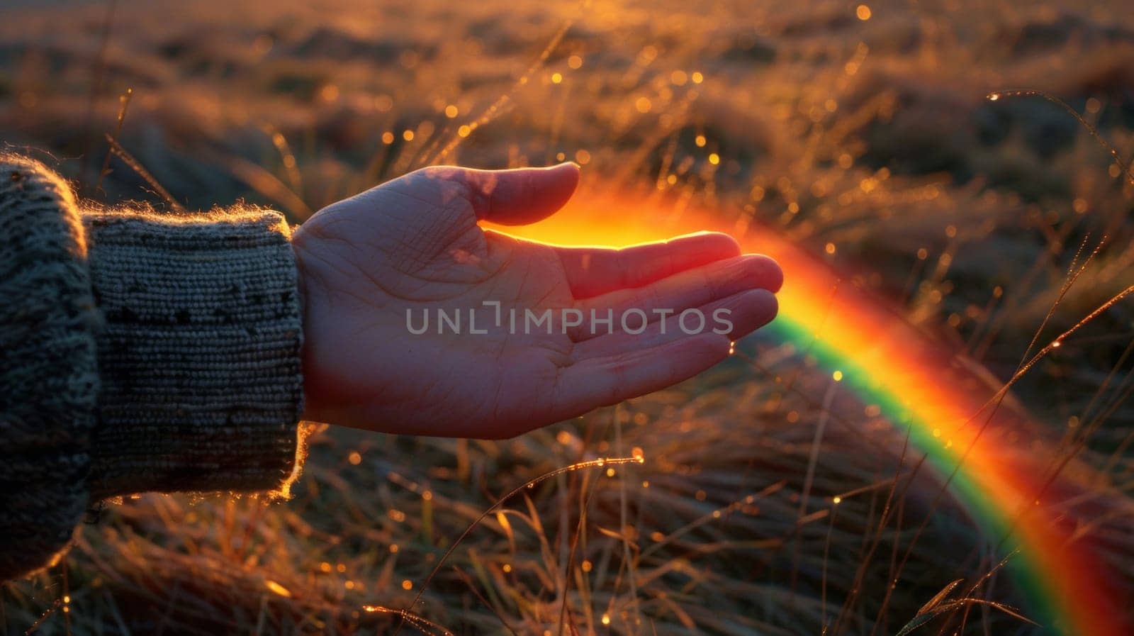 A hand reaching out to a rainbow in the sky