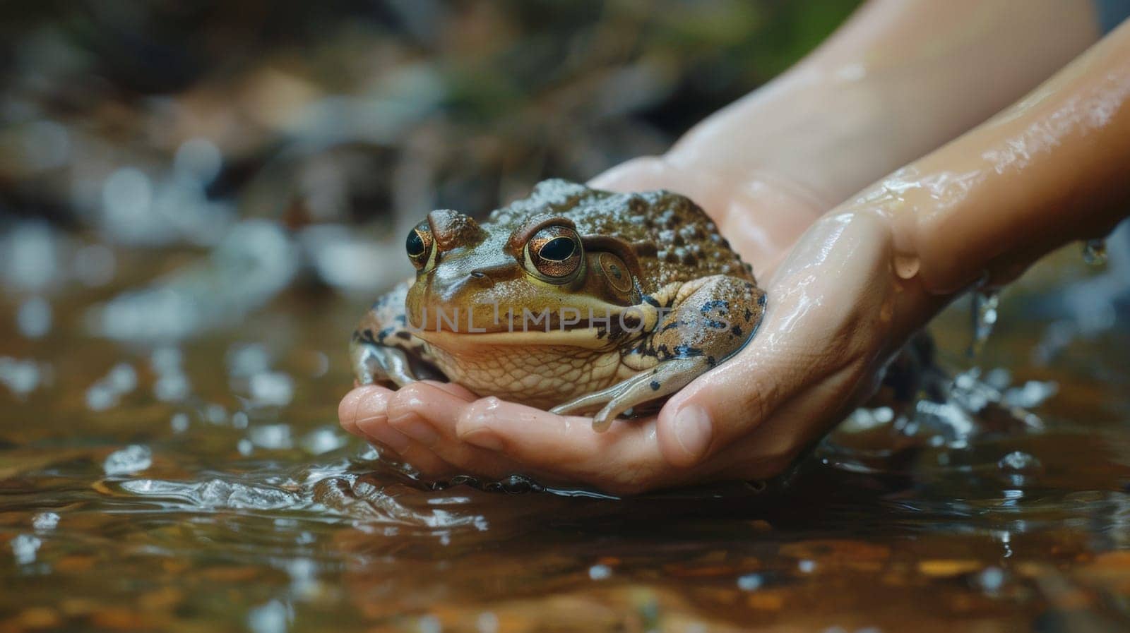 A frog sitting in a person's hands while being held over water