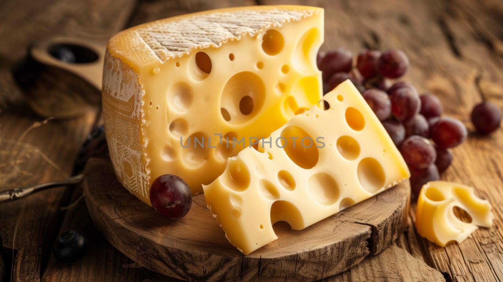 A cheese and grapes on a wooden table with some other food