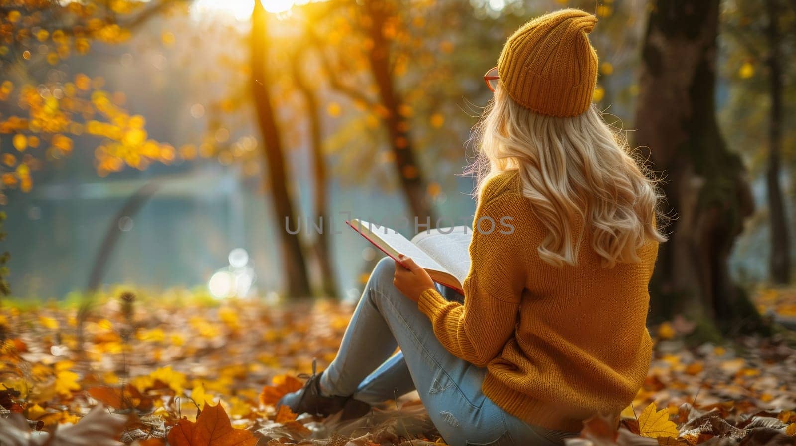 A woman sitting on a park bench reading an open book