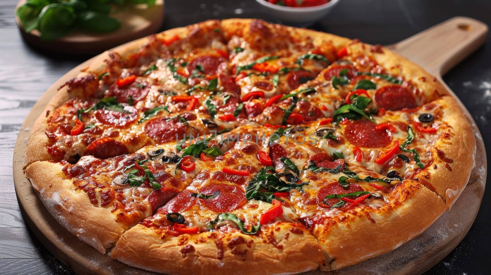 A pizza with pepperoni, olives and green peppers on a wooden board