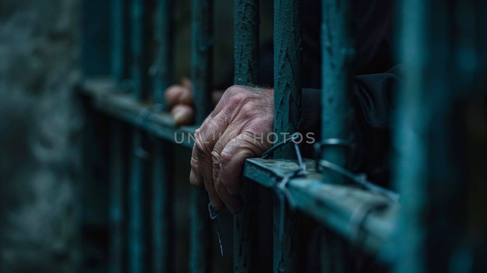 A man's hands are behind bars in a prison cell