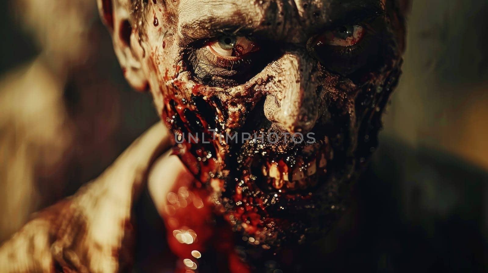 A close up of a zombie with blood all over his face