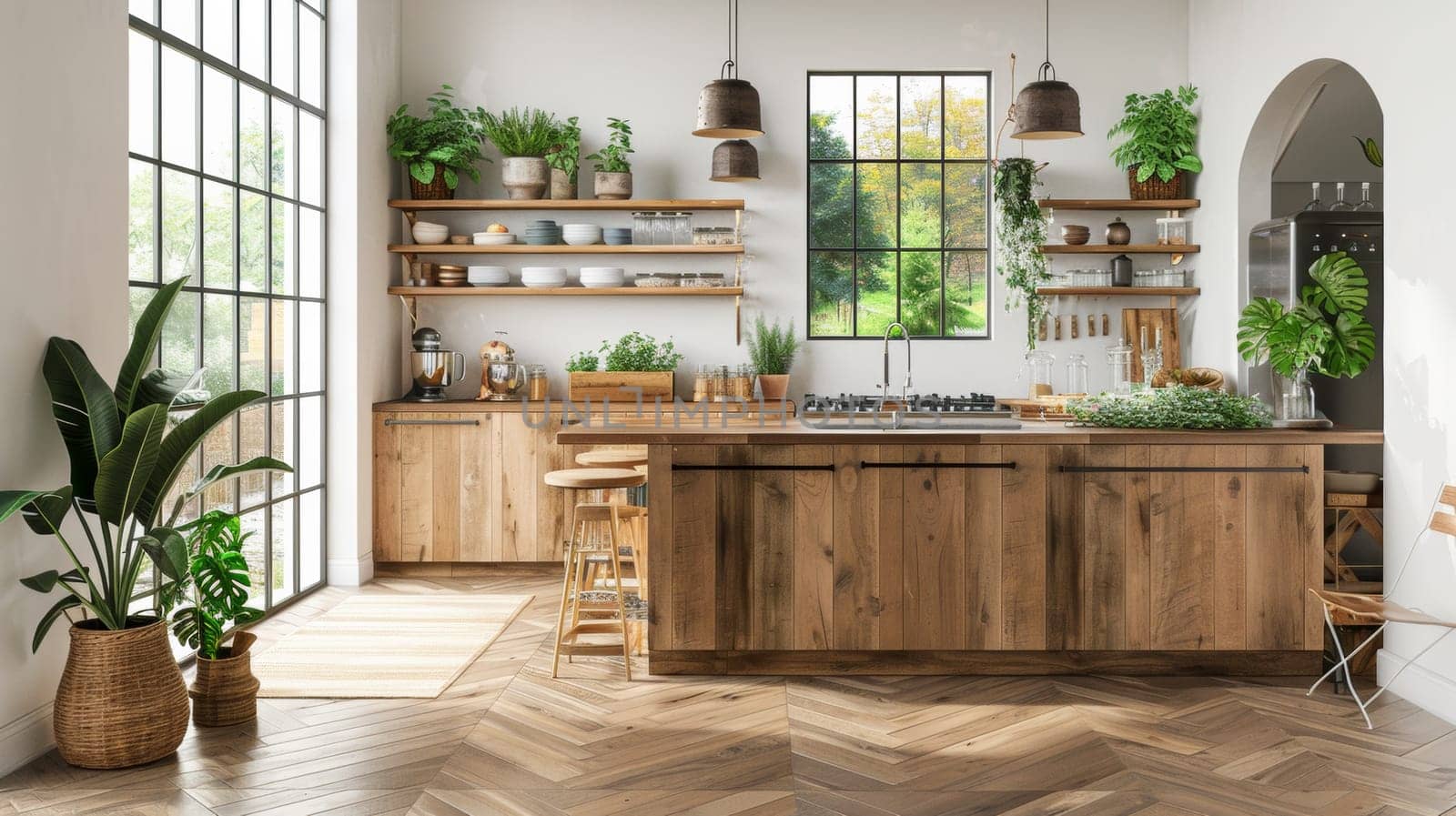 A kitchen with wooden floors and a large island in the middle