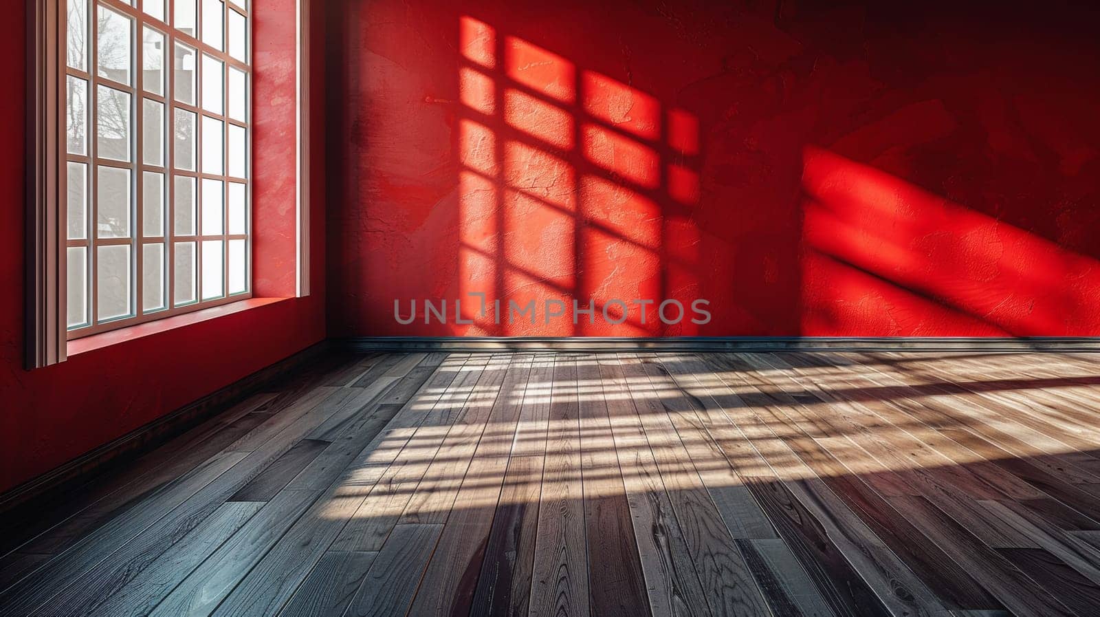 A red room with a wooden floor and sunlight coming in